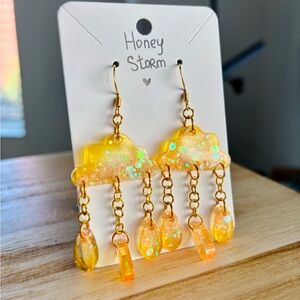 🔴 SOLD Honey Storm Cloud Earrings, Yellow Raindrop Statement Jewelry, Handmade